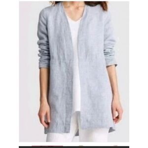 Eileen Fisher Lagenlook Women's Medium 100% Linen Chambray Long blue cardigan